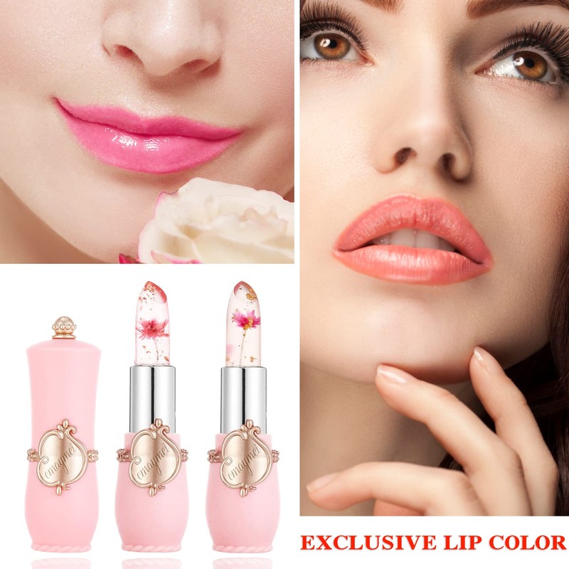 2 Pack Crystal Flower Jelly Lipstick,PH Magic Temperature Color Change