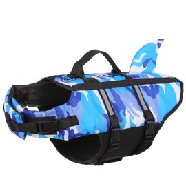 Queenmore Dog Life Jacket Pet Safety Vest High Buoyancy Camouflage Color Cute Shark with Strong Rescue Handle and Leash Ring for Boating, Canoeing, Surfing, Hunting, Blue S