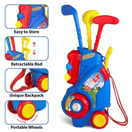 Jovizo Toddler Golf Set for Boys Girls 2 3 4 5 Years Old, Upgraded Kids Golf Cart with 3 Clubs & 8 Balls, Outdoor Indoor Sports Toys Birthday Gift, Blue