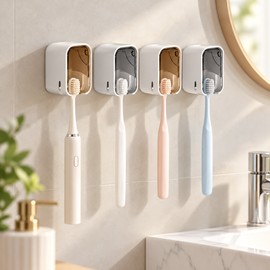 Wall-Mounted Toothbrush Holder for Bathroom Organization – Drill-Free, Dustproof Storage for Electric Toothbrushes