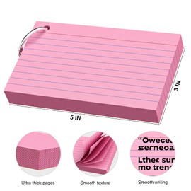 250 Count Pink Index Cards 3x5 Inch with Key Ring, Color Flash Index Card (50 Sheets Each), Durable & Portable Note Taking for Students, Teachers, Study Note Cards for Office, Home School