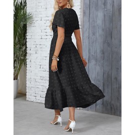 Women Maxi Dresses Boho V Neck Swiss Dot Ruffle Summer Short Sleeve High Waist Tiered Flowy Smocked Cocktail Dresses Black