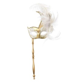 ILOVEMASKS Venetian Masquerade Luxury Feather and Lace Party Mask with Stick (Gold White)