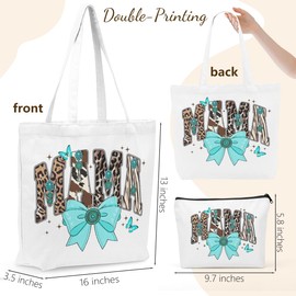 Retro Leopard Bow Gifts for Mama Canvas Tote Bag Makeup Bag Set, Mama Gift, Mom Gifts for Women New Mom Mommy Birthday Anniversary Mothers Day Christmas Reusable Grocery Bags Travel Cosmetic Bags