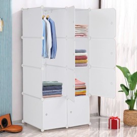 4-Tier Closet Storage Cabinet - White, 8-Cube, Hanging Rod & DIY Modular