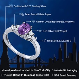 Gem Stone King 925 Sterling Silver Purple Amethyst and White Topaz Engagement Ring For Women (0.69 Cttw, Oval 6X4MM, Gemstone Birthstone, Available In Size 5, 6, 7, 8, 9)