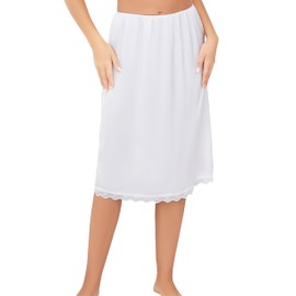 Vlazom Women's Half Slips for Under Dresses Lace Hem Long Underskirt Soft Silk Waist Slips A-line Petticoat Underskirts for Dresses White,XXL