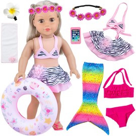 UNICORN ELEMENT - Juego de 11 piezas de ropa y accesorios para muñecas de niña de 18 pulgadas, incluye trajes de baño coloridos de sirena, teléfono móvil, horquilla, círculo de natación