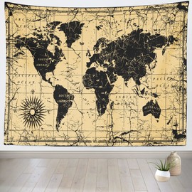 BELECO Ancient Old Map Tapestry Historical Black World Map Tapestry Poster 60x50 Inch Grunge Map Wall Decor Vintage Map Tapestries Wall Hanging for Bedroom Living Room Dorm Home Decor