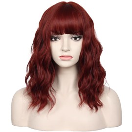 Short 14 Inches Pastel Wavy With Air Bangs Bob Cosplay Wig for Girl and Women Colorful Wigs (Auburn)