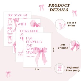 Shescrzionu 4 PCS Coquette Room Decor and Pink Bow Decor Room Decor For Teen Girls, Bible Verses Wall Decor, Preppy Posters for 10x8 Inch Set of Bow Pictures for Bedroom - A02