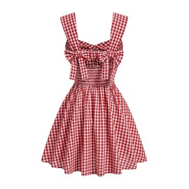 Floerns Women's Plaid Ruched Bust Sleeveless Vintage Bowknot Pleated Short Dresses Red Large