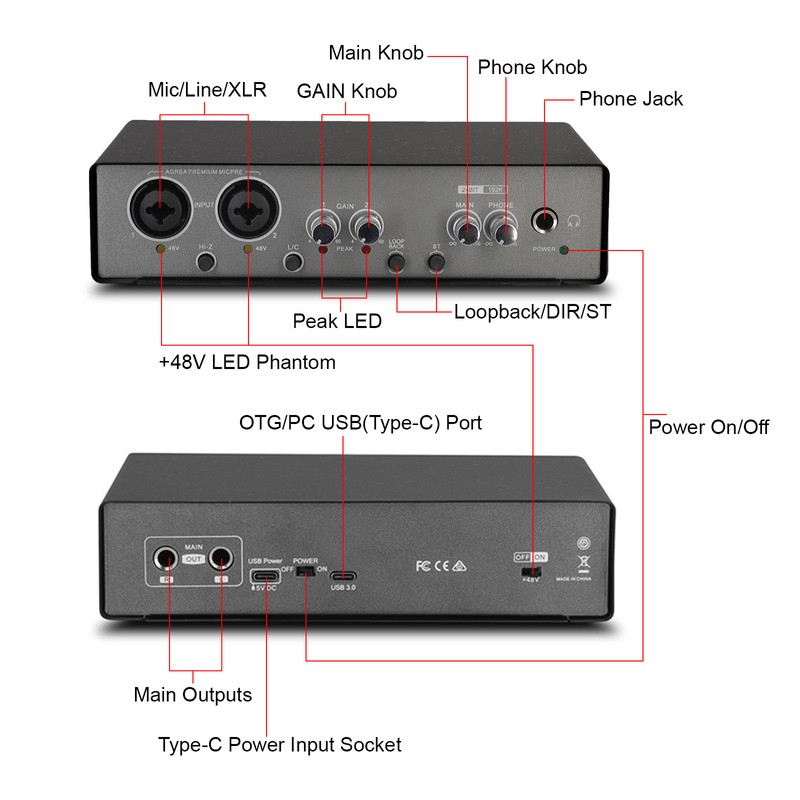 USB Audio Interface Mixer 24bit/192KHz 48V Phantom Power Noise Reduction