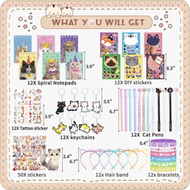 134Pcs Cat Party Favors Set for Kids Cat Themed Birthday Party Supplies With Cat Headband Spiral Notepads Pens Keychains Tattoo Cat DIY Face Stickers Silicone Bracelets Cat Favors for Girls Kids Party