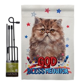 Breeze Decor Patriotic Persian Long Hair Garden Flag Set with Stand Animals Cat Kitten Meow Spoiled Paw Fur Pet Nature Farm Animal Creature Small Gift Yard House Banner Made in USA 13 X 18.5