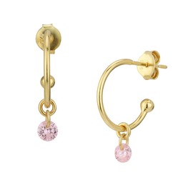 Vanbelle Sterling Silver Jewelry Half-Hoop Earring with Dangling Pink Cubic Zirconia Stones and Yellow Gold Plated for Women