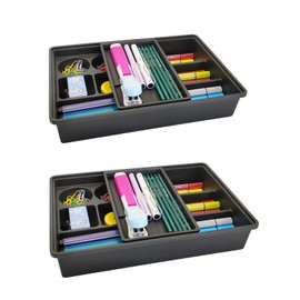 XUDAUP 2Pack Desk Organizer Tray Junk Drawers Plastic Desktop Storage with Sliding Top Trays Perfect for Office Home School,Black