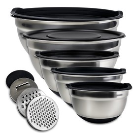 LUMITERRA Stainless Steel Bowl with Lid, Set of 5, 1L, 1.5L, 2L, 3L, 4.5L, Stainless Steel Mixing Bowl with 3 Graters, Non-Slip Base, Salad Bowl, Stackable, Non-Slip, Dishwasher Safe for the Kitchen