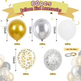 White and Gold Balloons, 60Pcs 12Inch White Latex Balloons Metallic Gold Silver Confetti Balloons with Ribbon for Girls Boys Birthday Baby Shower Wedding Graduation Engagement Party Decoration