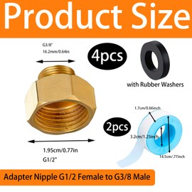 4 Brass Reducing Adapters 3/8 to 1/2 Inch with 2 Rolls Sealing Tape, Reduction 1/2 to 3/8, 1/2 Inch to 3/8 Inch Adapter for Flex Hose, RV Water Pipe, Sanitary Installation
