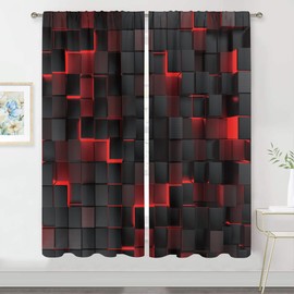 MESHELLY Red and Black Curtains 42Wx63H Inch Rod Pocket Abstract Curtains Modern 3D Gradient Design Futuristic Geometric Cubes Bedroom Window Drapes Man Boys Printed Living Room Window Fabric 2 Panels