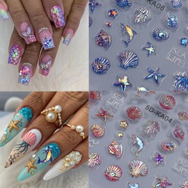3Pcs Summer Nail Art Stickers 5D Embossed Luxury Summer Ocean Theme Nail Decals Shiny Shell Conch Dolphin Jellyfish Designs Self-Adhesive Nail Stickers Beach Nails Art Supply for Women Manicure Tips