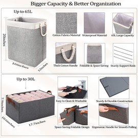 BESWILL 6 In 1 Laundry Basket Set, 65L Collapsible Laundry Hamper with Handle, Foldable Storage Bin for Organizing, Laundry Bags for Delicates, Hanging Underwear Storage for Dorm, Laundry Room, Home