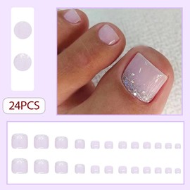 WAFOLOZE Press on Toenails Fake Toe Nails,Short Toe Nail Press ons,Glossy Toe Nails Press on Glitter Designs,Toenail Press on nails Lilac Artificial Toenails for Women 24Pcs