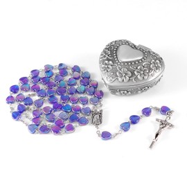 WHLHMK Rosary Beads Catholic for Girls With Rosary Box, Blue Crystal Heart Shaped Beads Rosary Necklace with Heart Shaped Vintage Jewelry Box, Anglican Prayer Beads Christian Gifts for Women