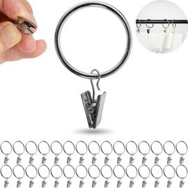 Curtain Clips with Rings, Pack of 30, in Silver Colours, Diameter 35 mm Inside, Curtain Rings for up to Diameter 34 mm Thick Curtain Rods, Curtain Rings Clip Hooks, Curtain Rings