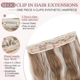 SEGO 24 Inch One Piece Clip In Hair Extensions Long Wavy Synthetic Clip In Hairpiece With 5 Secure Clips, Iced Mocha Blonde