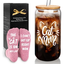 Cat Mom Gifts, Cat Lover Valentine Gifts for Women, Cat Lover Gifts, Cat Mom Gifts for Women, Cat Mom Socks, Valentine Birthday Gift for Cat Lover, 18oz Glass Cups with Lids and Straws