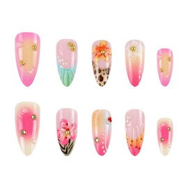 Threelegscat Cute Press on Nails Almond Nails Medium Fake Nails with Flower Design French Tip Nails for Girl Summer 24pcs