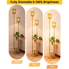 Lightdot 63IN Gold Floor Lamp with 2 Rattan Shades Mid Century Standing Lamps with Warm White LED Bulbs, Unique Vintage Tall Floor Lamp for Living Room/Wedding/Party