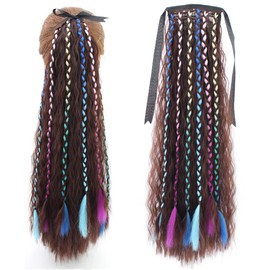 Shinon 24 Inch Clip in Long Corn Wave Ponytail Extension with Colorful braids Wrap Around Long Wavy Curly Pony Tail Hair Fluffy Synthetic Hairpiece with Hair Band for Fashion Women