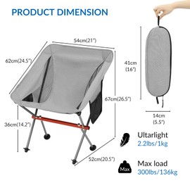 SHALLWE Camping Chairs, All Aluminum Frame Portable Folding Camp Chair for Adults, Lightweight Collapsible for Backpacking, Hiking, Beach, Sports Low Back Grey