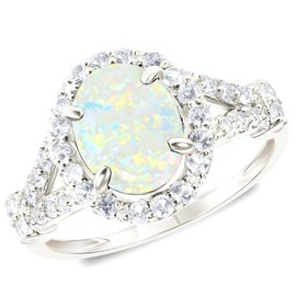 MAX + STONE 10K White Gold Opal Rings for Women | October Birthstone Ring with Oval Cut Opal Gemstone | Hypoallergenic Gemstone Gold Ring | Opal Statement Cocktail Rings Size 7