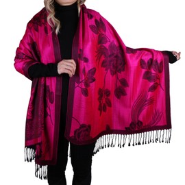 TZ Promise Women Soft Silky Pashmina Reversible Floral Rose Shawl Wrap Scarf w/Fringes (Hot Pink)