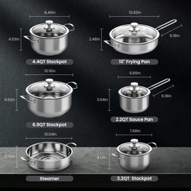 Meythway Pots and Pans Set Non Toxic, 11-Piece Stainless Steel Cookware Set with Steamer & Visual Lid, Kitchen Induction Cookware with Frying Pans, Saucepan and Stockpots For Oven & Dishwasher Safe