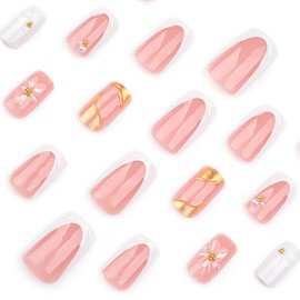 Press on Nails Long Square French Fake Nails with Pearl Design 3D Gelnail Makes Flower Acrylic Nails Full Cover French Tip Press on Nails Glue on Nails Medium Length Stick on Nails for Women 24PCS