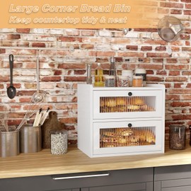 Alpeir Double Layer Large Bread Box for Kitchen Counter, Wooden Corner Bread Storage Container with Acrylic Window, White