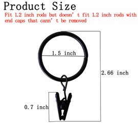 Paquete de 100 anillos de cortina con clips, anillos de clip de ventana, ganchos de cortina negros para colgar cortinas de cortina, lazos, 1.5 pulgadas de diámetro, se adapta a barras de hasta 1.2