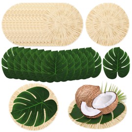 JarThenaAMCS 32Pcs Luau Placemat, 16pcs Round Fringe Table Mat and 16pcs Tropical Palm Leaf Place Mats Bulk Chargers Macrame Place Mats for Summer Tropical Hawaiian Party Table Setting Decor