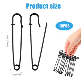 10Pcs Large Metal Safety Pins, 10cm Metal Spring Lock Pins Brooches Wire Safety Blanket Pins, Extra Large Safety Pin Heavy Duty Safety Pins for Clothes Leather (Black)