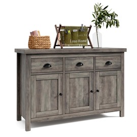 Buffet Cabinet with Storage, Coffee Bar Cabinet, Kitchen Sideboard with 3 Drawers and 2 Doors Farmhouse Accent Buffet Cabinet with Retro Cabinet Handles, Adjustable Shelf for Living Room, Ash Grey