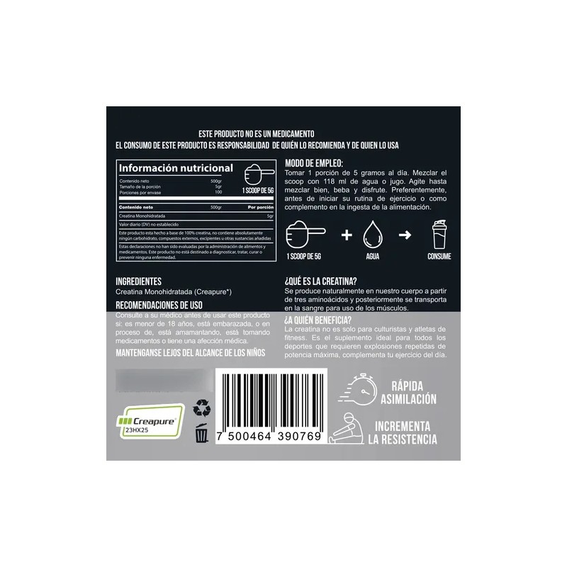 Creatina Monohidratada Creapure Holixlab 500g 100 Porciones