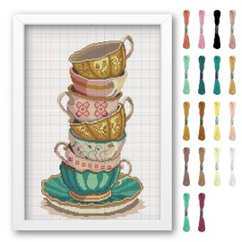 FREEBLOSS Cross Stitch Kits for Beginners Tea Cups Stamped Cross Stitch Patterns Landscapes Cross Stitch Wall Hanging Kit DIY Embroidery Needlepoint Kit Embroidery Kit for Adults 35x50cm