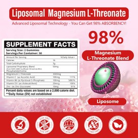 Liposomal Magnesium Threonate High-Potency 3000mg Gummies,Liposomal Enhance 98% Absorption,Magnesium L-Threonate Supplements, Muscle & Nervous System for Kids & Adults