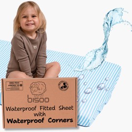Bisoo The Magic Sheet 22x36 in / 55x90 cm - Fully Waterproof Next to Me Crib Sheets 2in1: Jersey Cotton Bed Sheet & Mattress - Newborn Baby Bedside Crib - Soft Breathable Silent, Oeko-Tex Blue Stripes