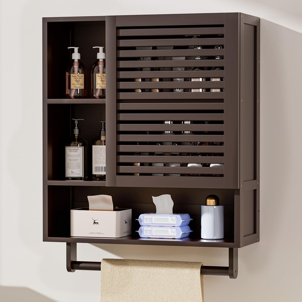 Cozivolife Bamboo Bathroom Cabinet Wall with Towels Bar, Medicine Cabinet